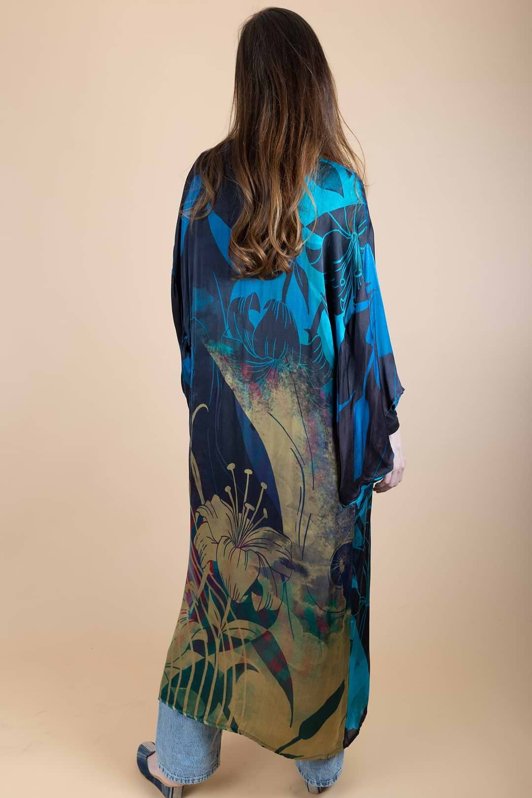 Vibrant Satin Kimono Abstract Midnight Blue