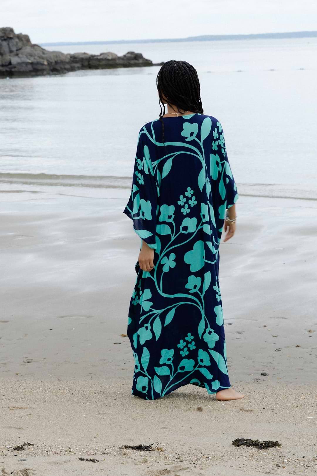 Saachi Women's Floral Motif Maxi Kaftan - Blue - Kaftans Saachi Women's Floral Motif Maxi Kaftan - Blue - Kaftans