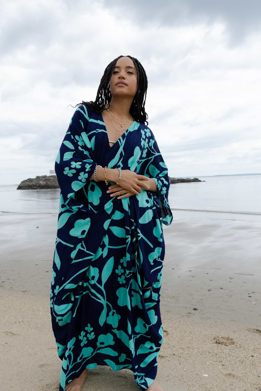 Saachi Women's Floral Motif Maxi Kaftan - Blue - Kaftans Saachi Women's Floral Motif Maxi Kaftan - Blue - Kaftans