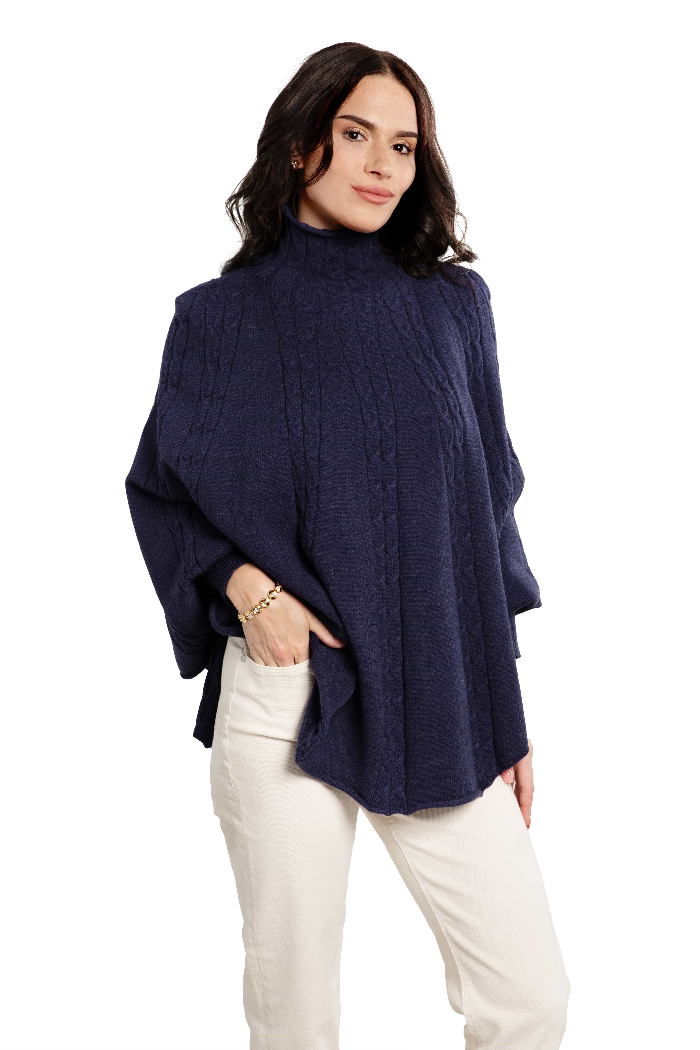 Turtleneck Sweater Cable Knit Poncho – SAACHI