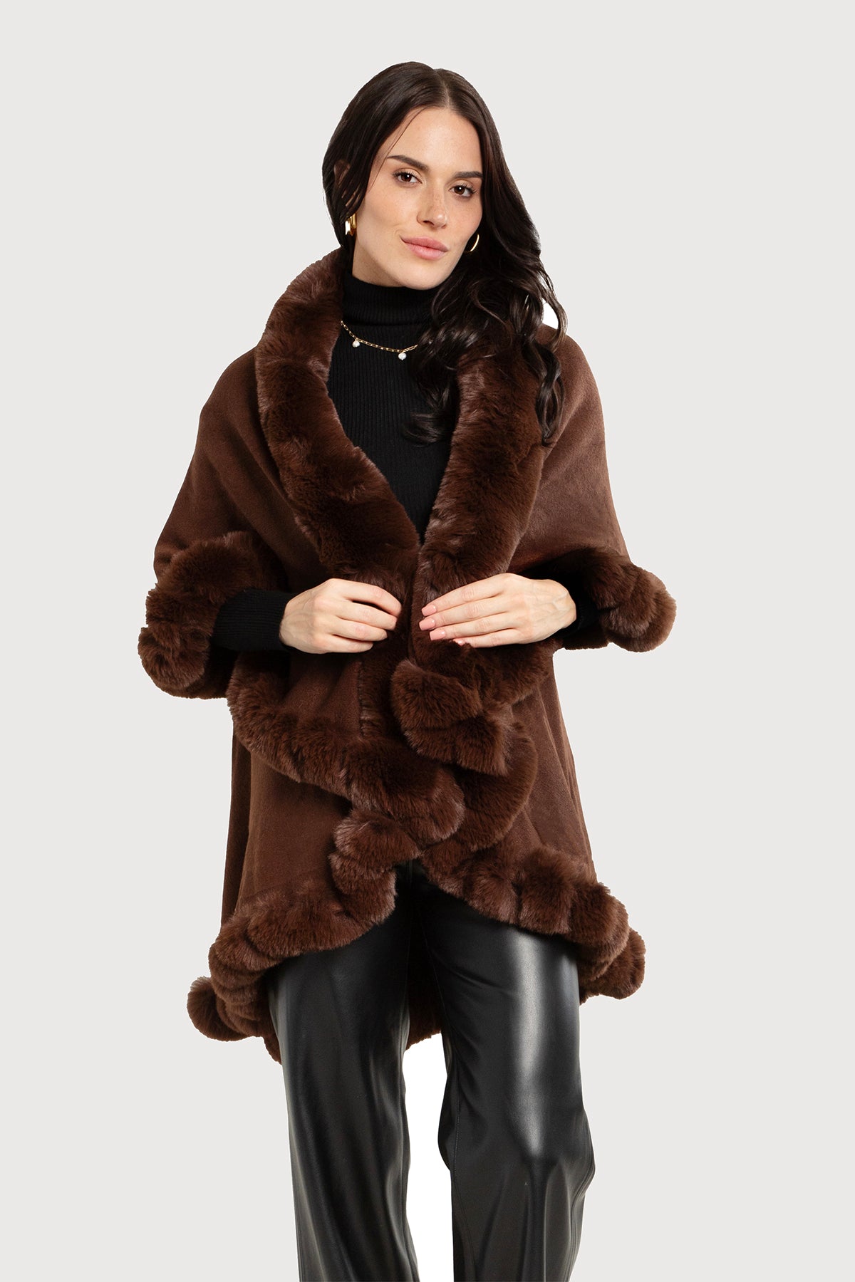 Layered Faux Fur Cape Kimono Brown