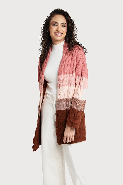 Cable Knit Color Block Cardigan - SAACHI - Pale Violetred - Cardigan