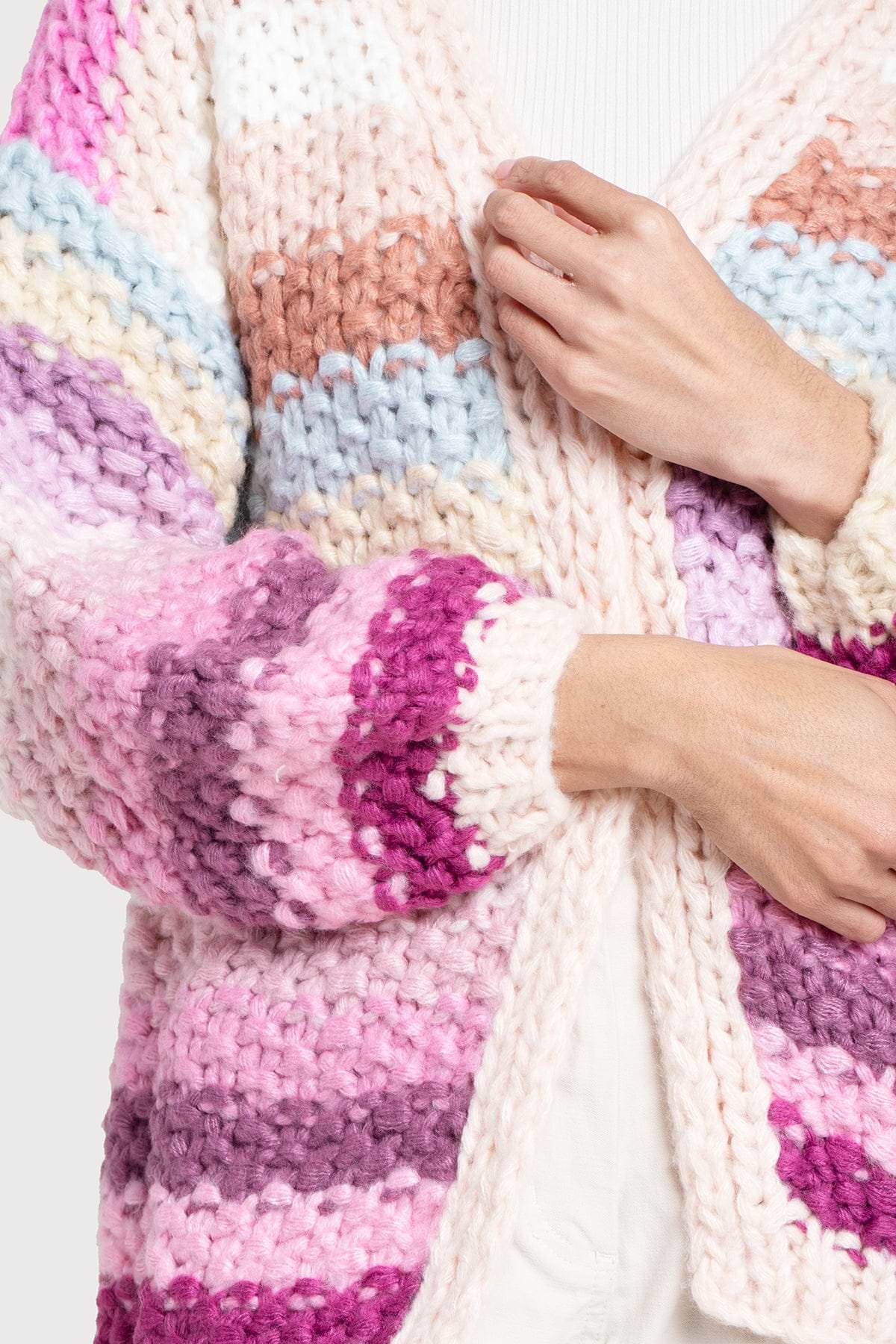 Wool Knit Hooded Cardigan Jacket - Rainbow Zig Zag