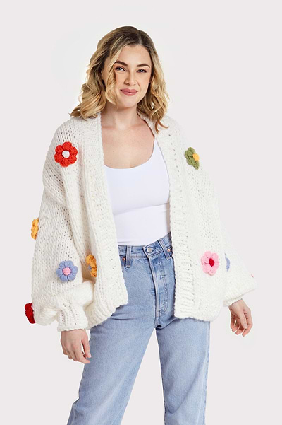 Knitted Floral Appliqué Cardigan White