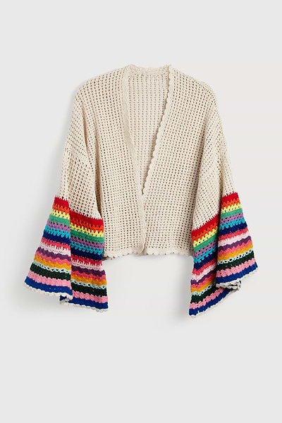 Multicolored Crochet Bell Sleeve Short Jacket Ivory