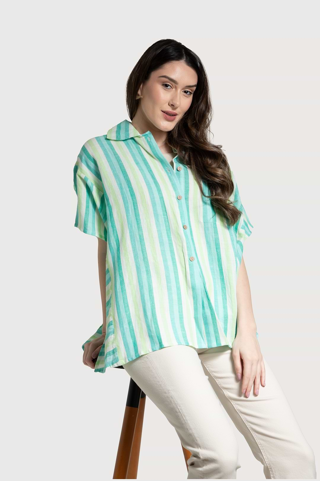 Oversized Striped Linen Cotton Shirt Green