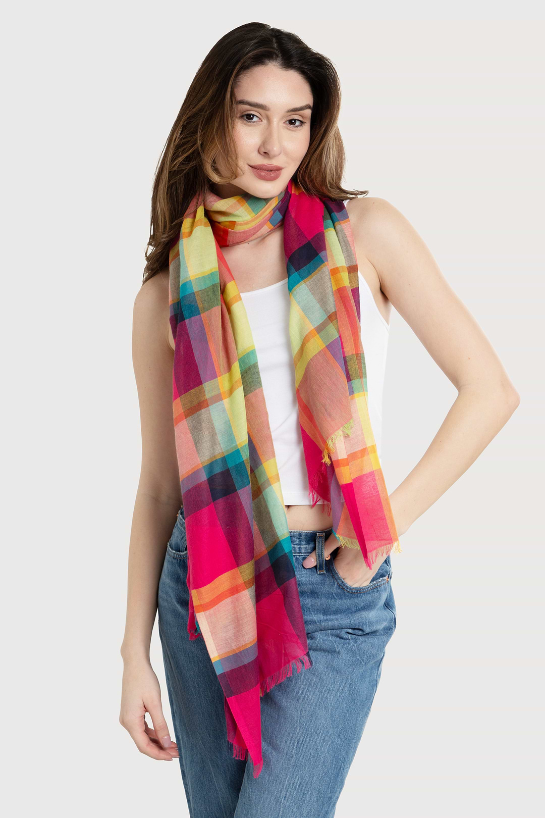 Rainbow Plaid Cotton Scarf Fuchsia