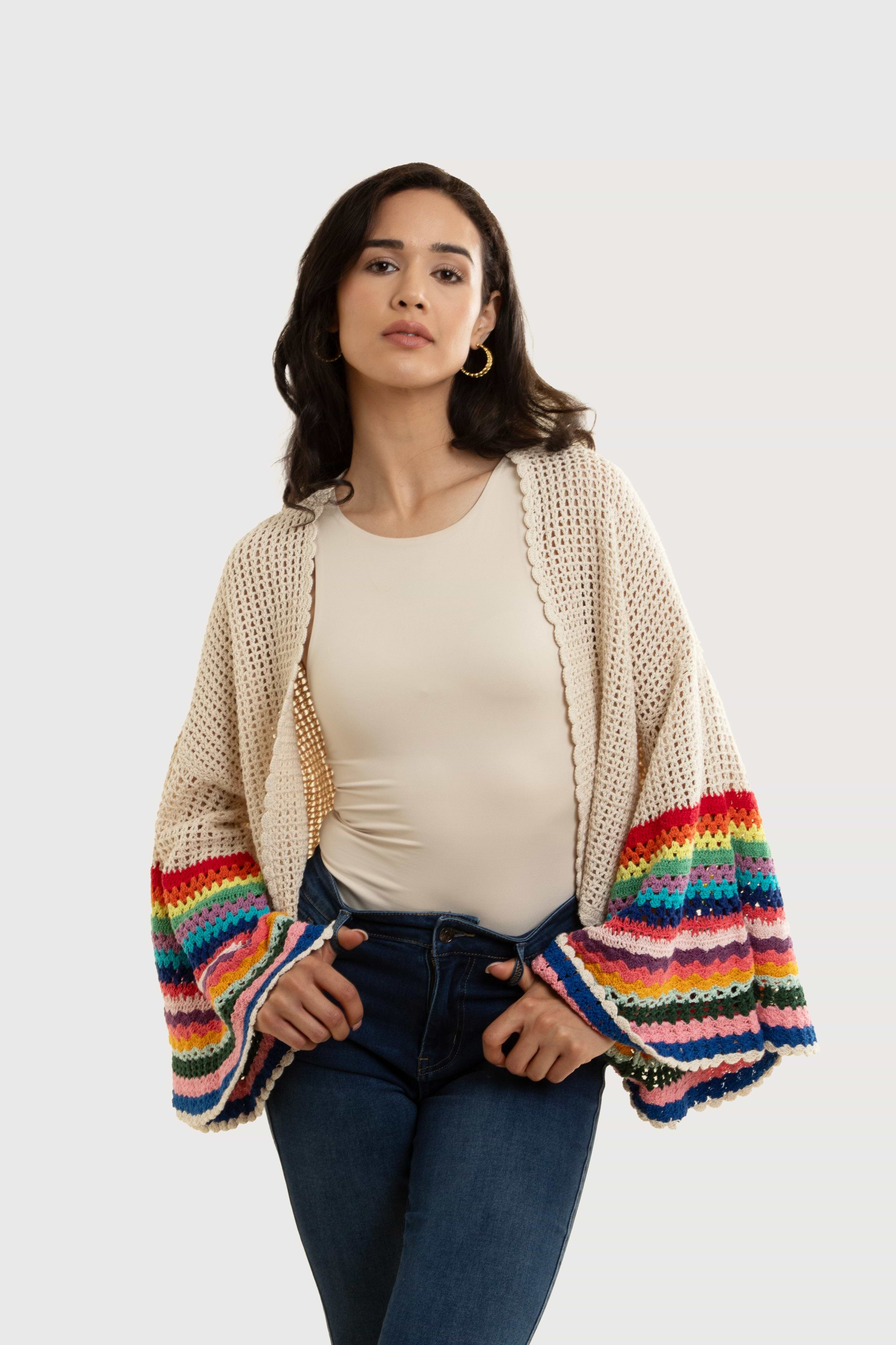 Multicolored Crochet Bell Sleeve Short Jacket – SAACHI