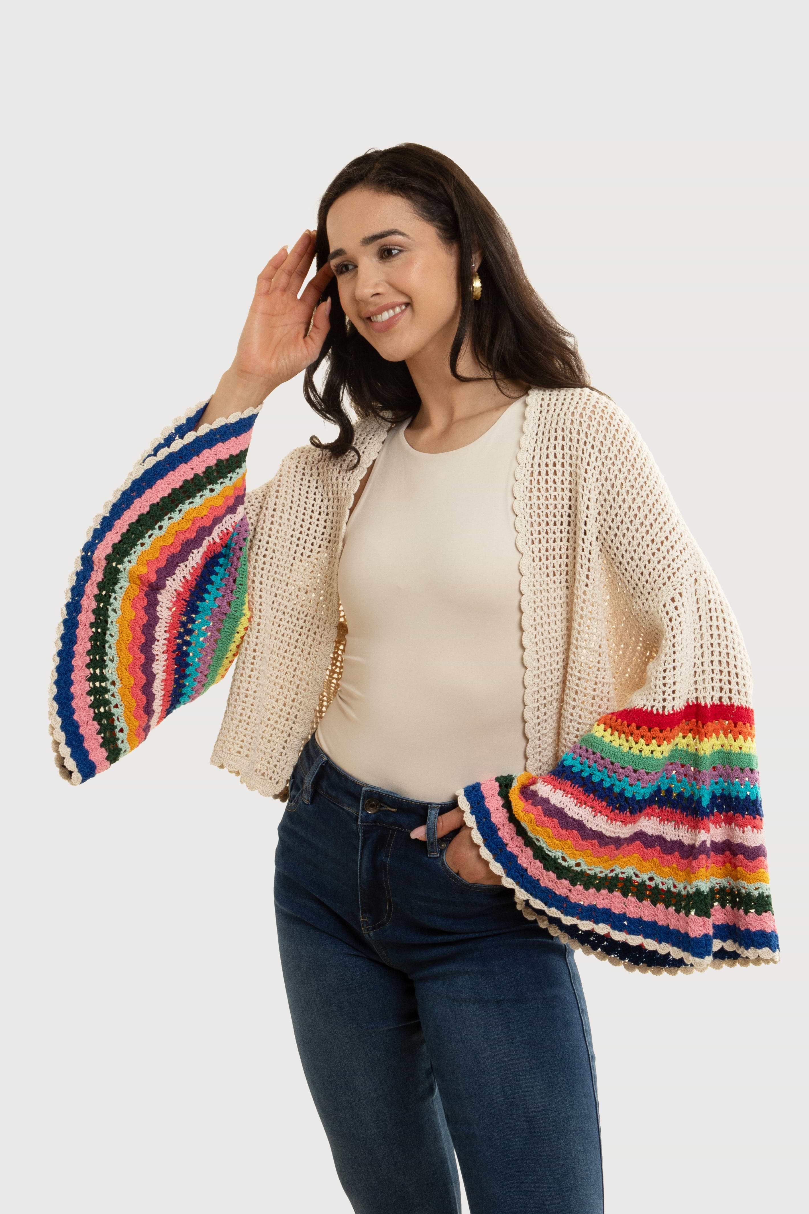 Multicolored Crochet Bell Sleeve Short Jacket – SAACHI