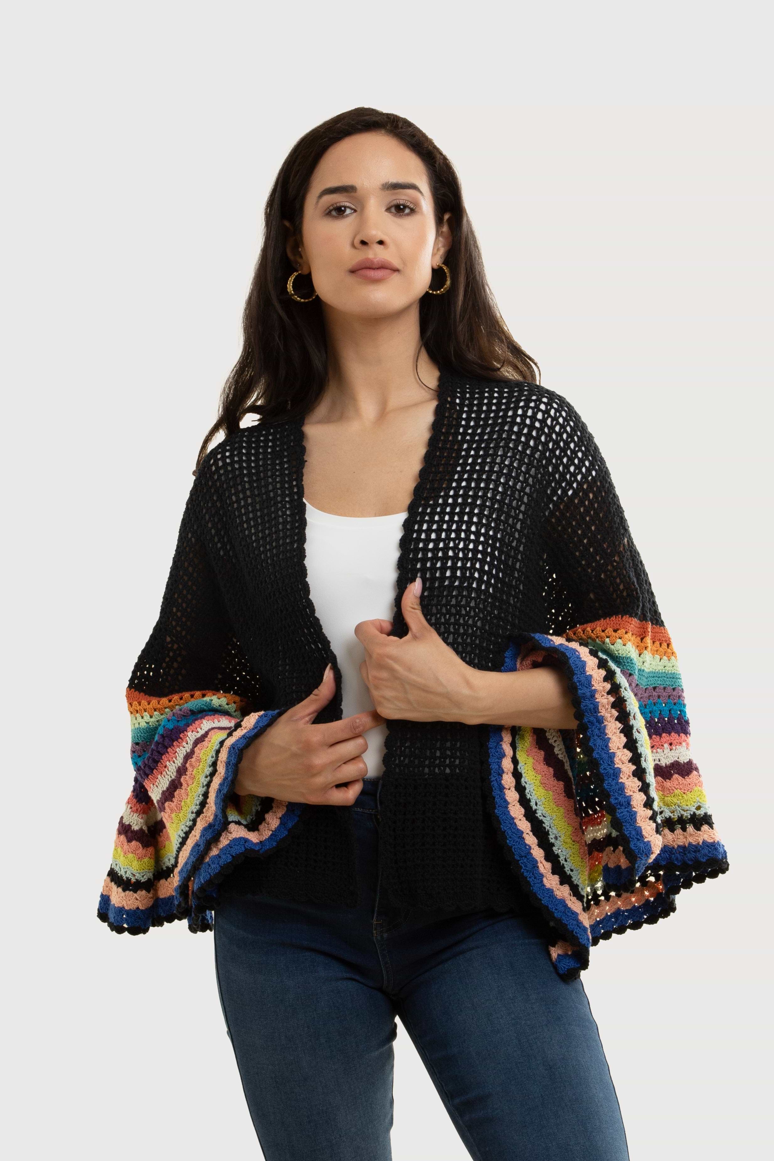 Multicolored Crochet Bell Sleeve Short Jacket – SAACHI