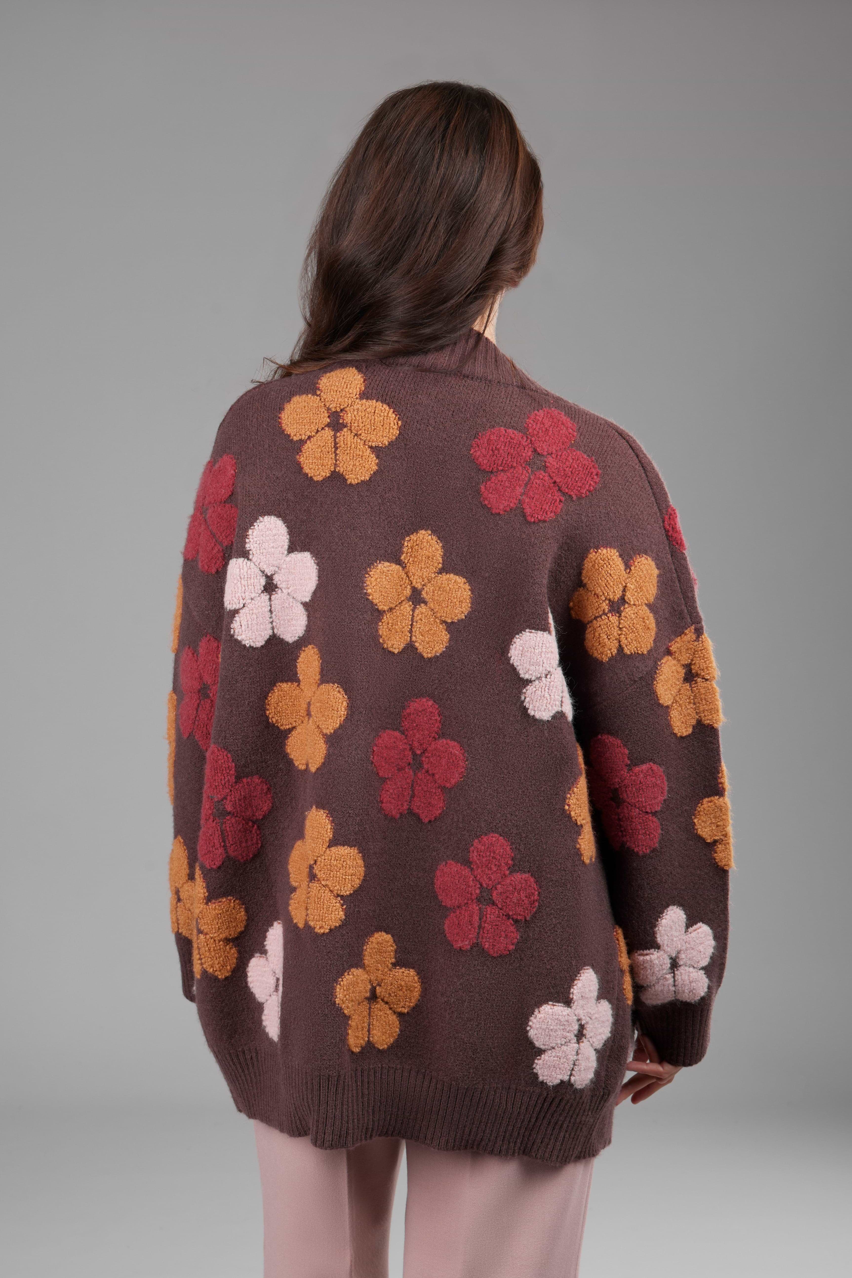 Floral Knit Cardigan In Brown – SAACHI