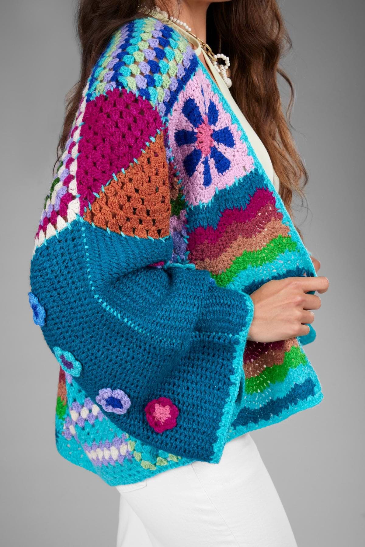Vibrant Multi Pattern Crochet Cardigan – SAACHI