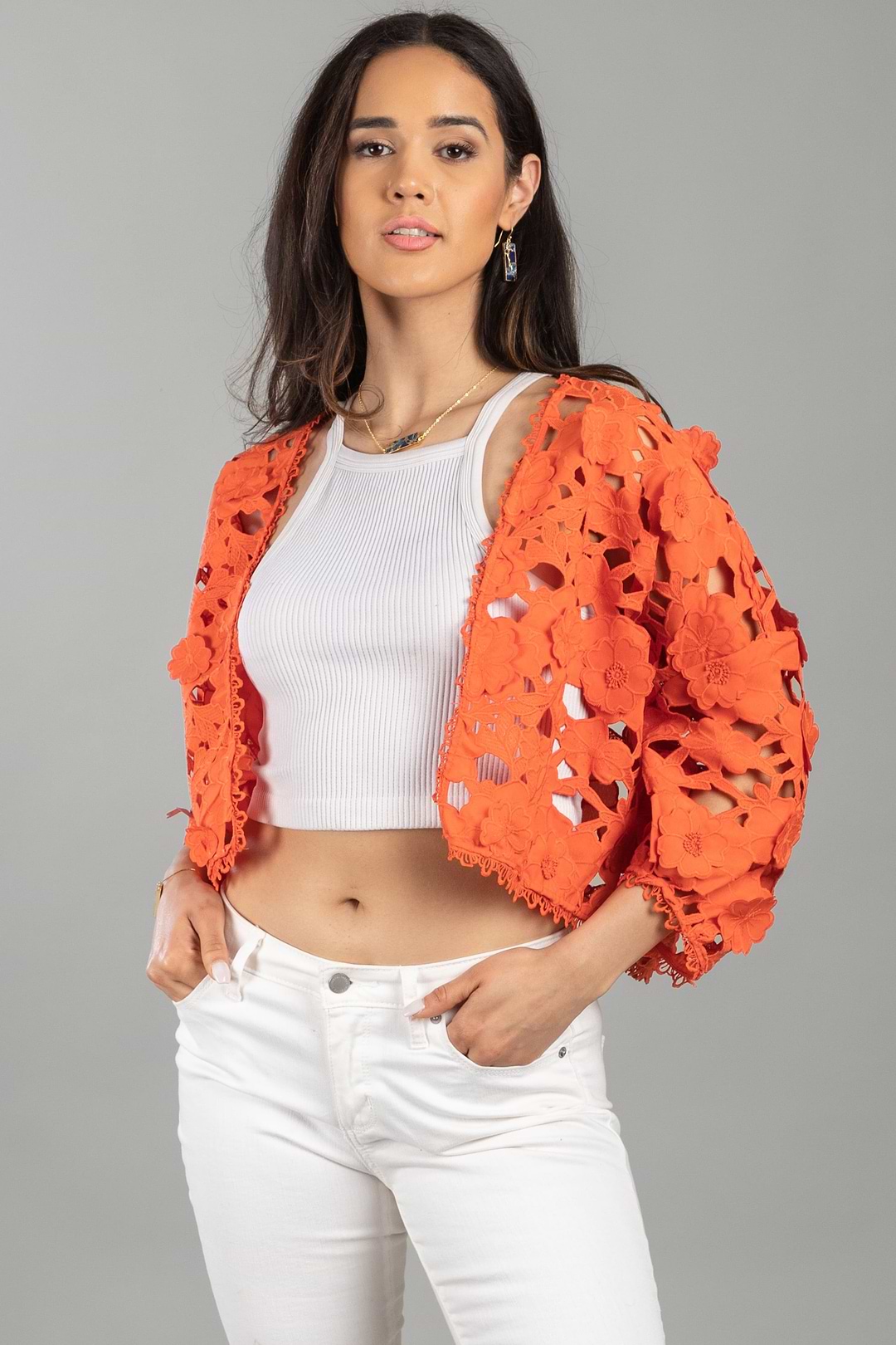 Women's Italian Floral Lace Bolero Shrug - Short Crochet Cardigan With 3/4 Sleeves (One Size 10-20)