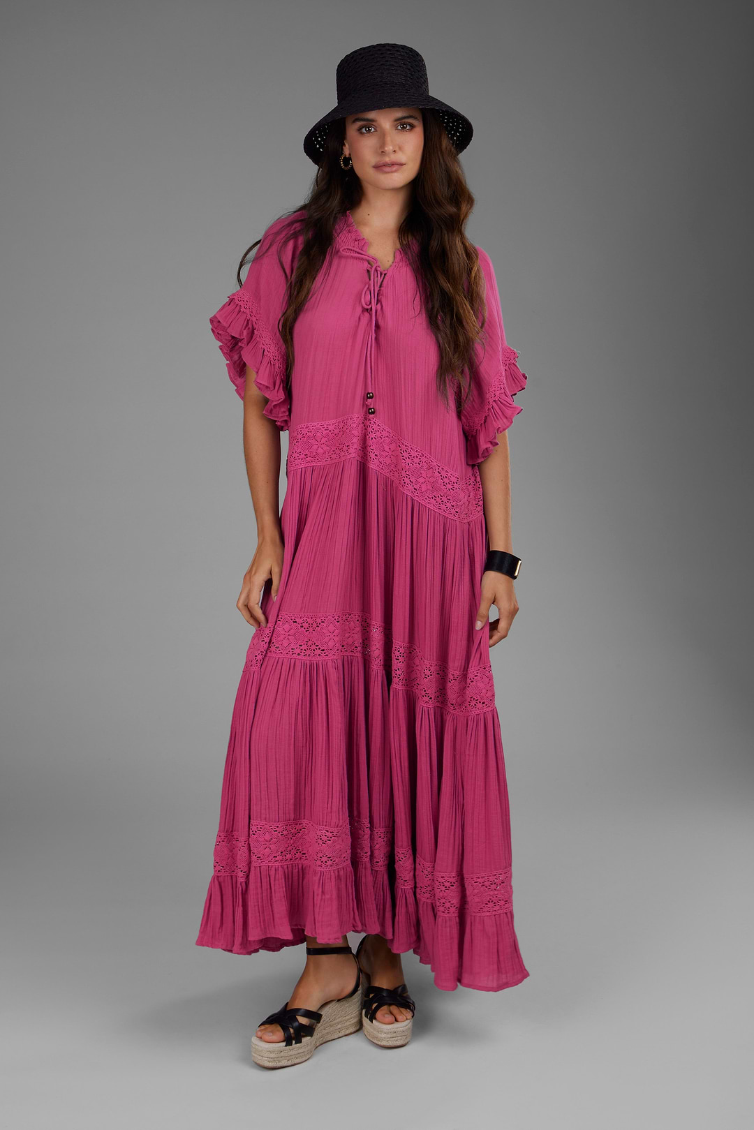 SAACHI Women's Tiered Cotton Maxi Dress - Pink - Maxi dresses SAACHI Women's Tiered Cotton Maxi Dress - Pink - Maxi dresses