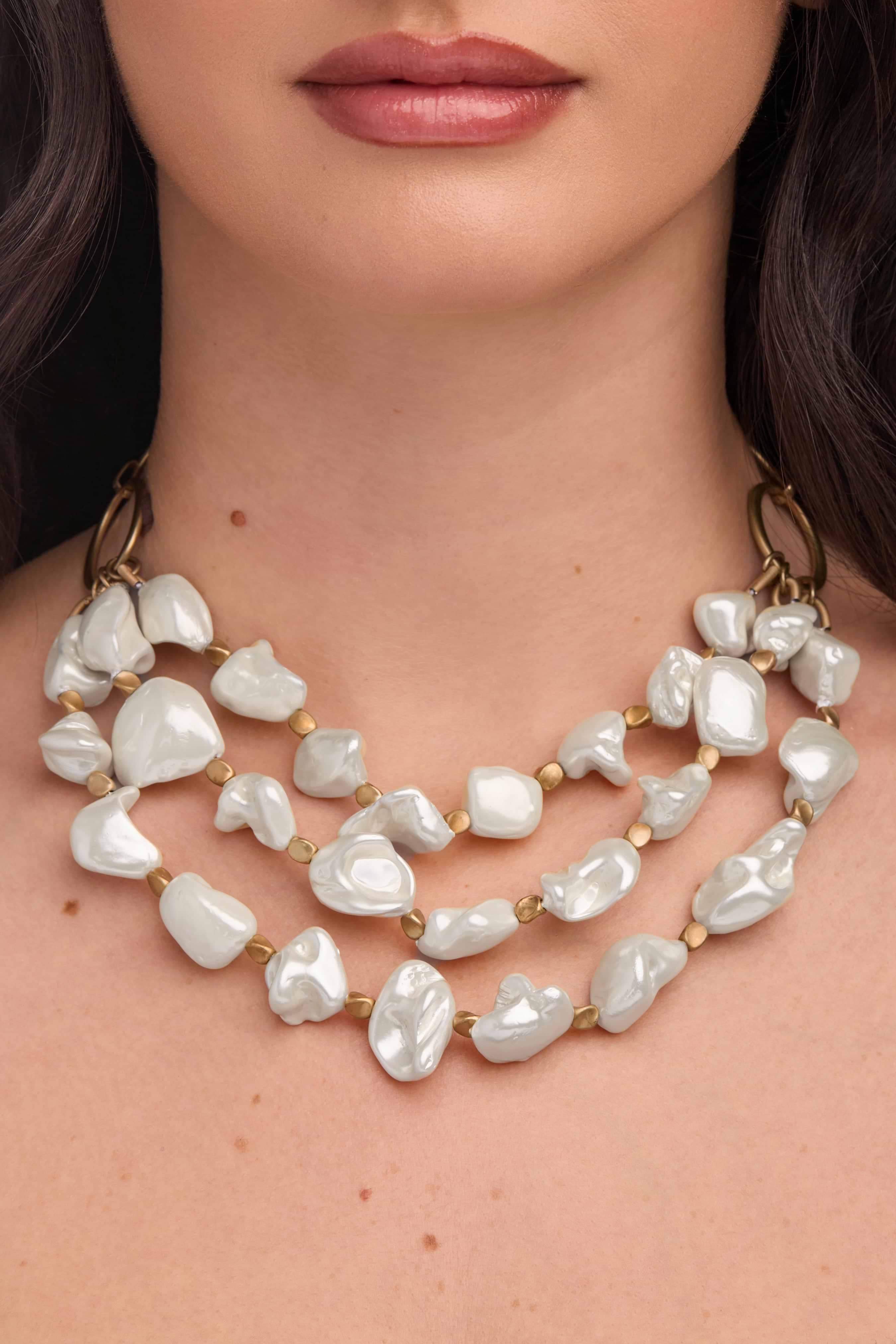 ●RSSC● PEARL BEADS CHAIN MIX NECKLACE - WHITE / unisex Beads 16.50 CT Diamond Pearls Chain Necklace 10K White Gold 24
