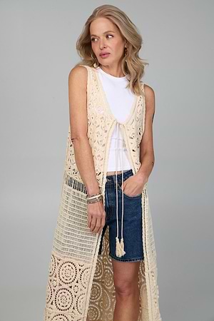 Crochet Tie Front Long Kimono
