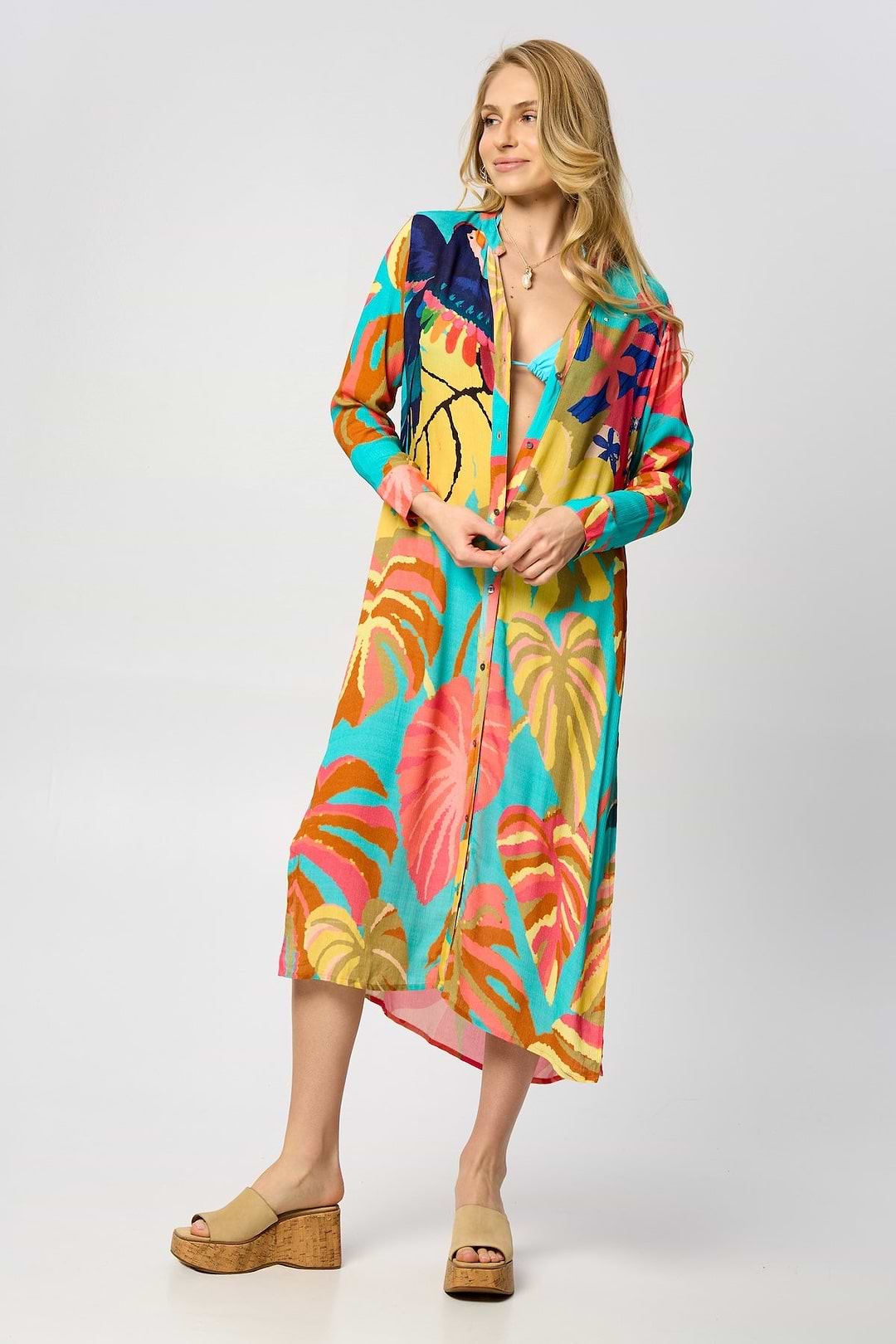 Tropical Button Long Kimono