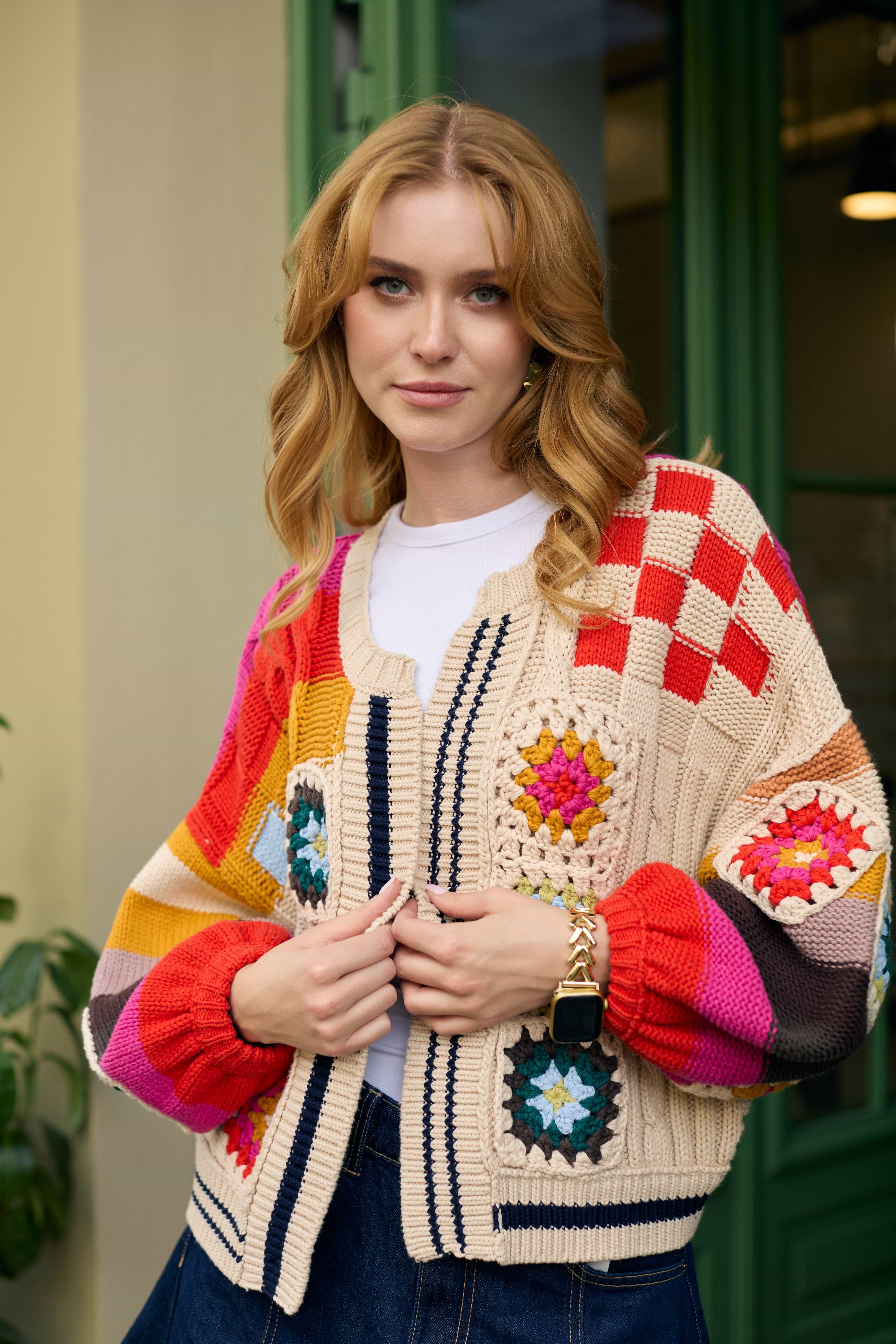 Square Checkered Multi Pattern Cardigan – SAACHI