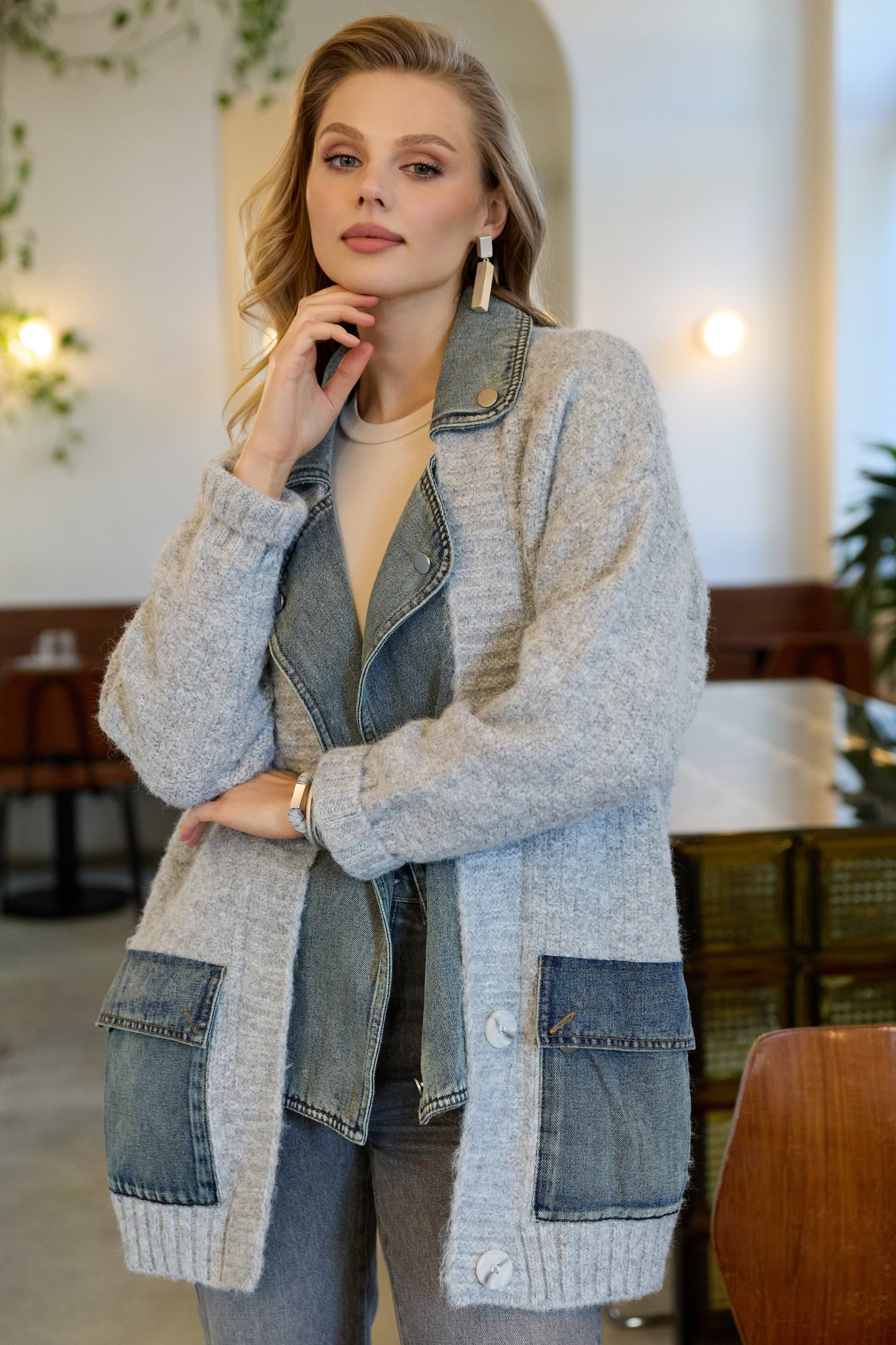 ジャケット・アウター suede switching pattern knit cardigan Denim Knit Cardigan – SAACHI