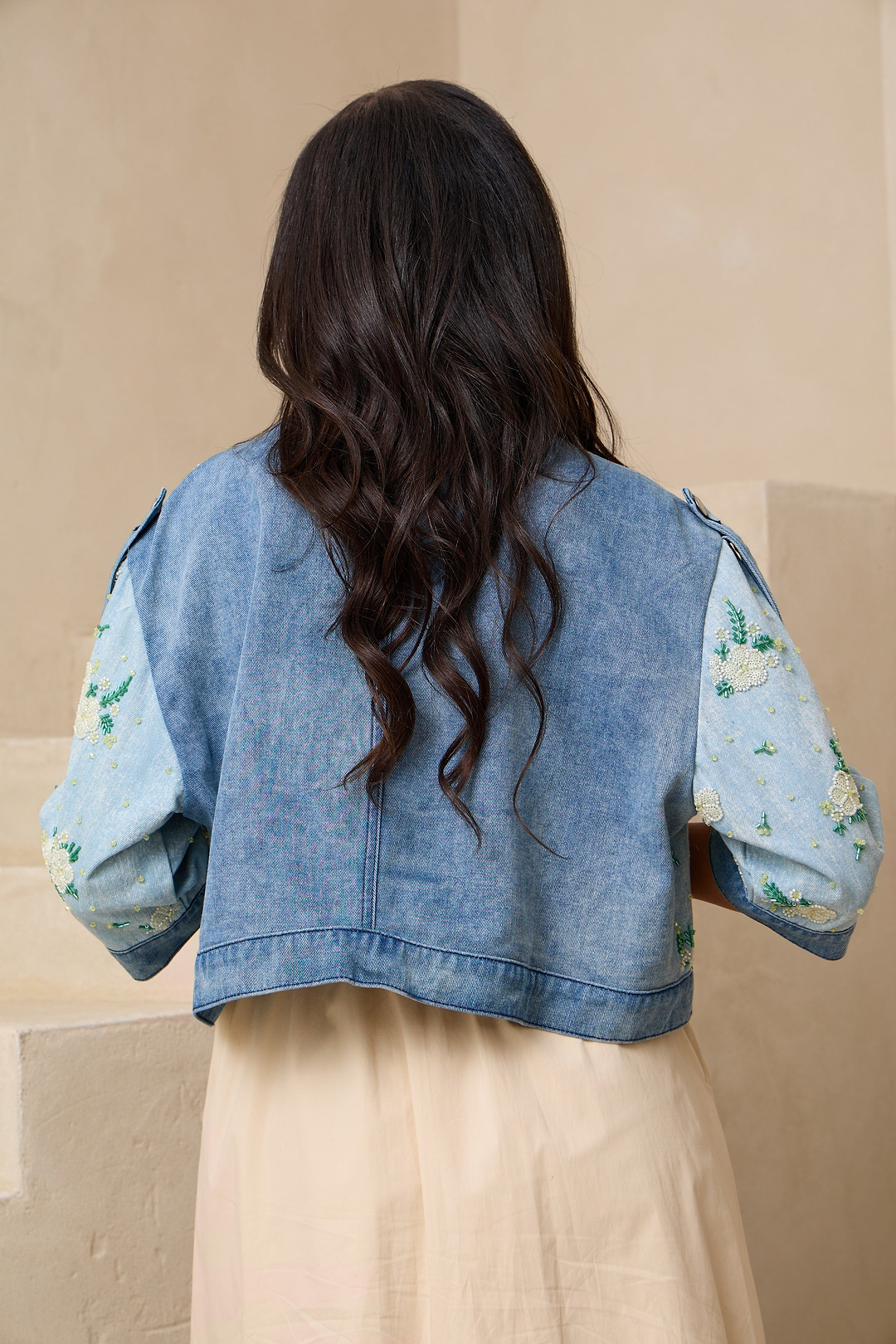 Flower Beaded Short Denim Jack