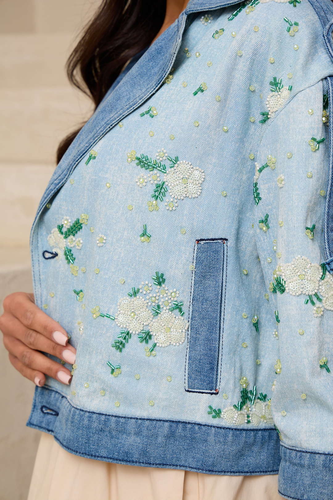 Flower Beaded Short Denim Jack