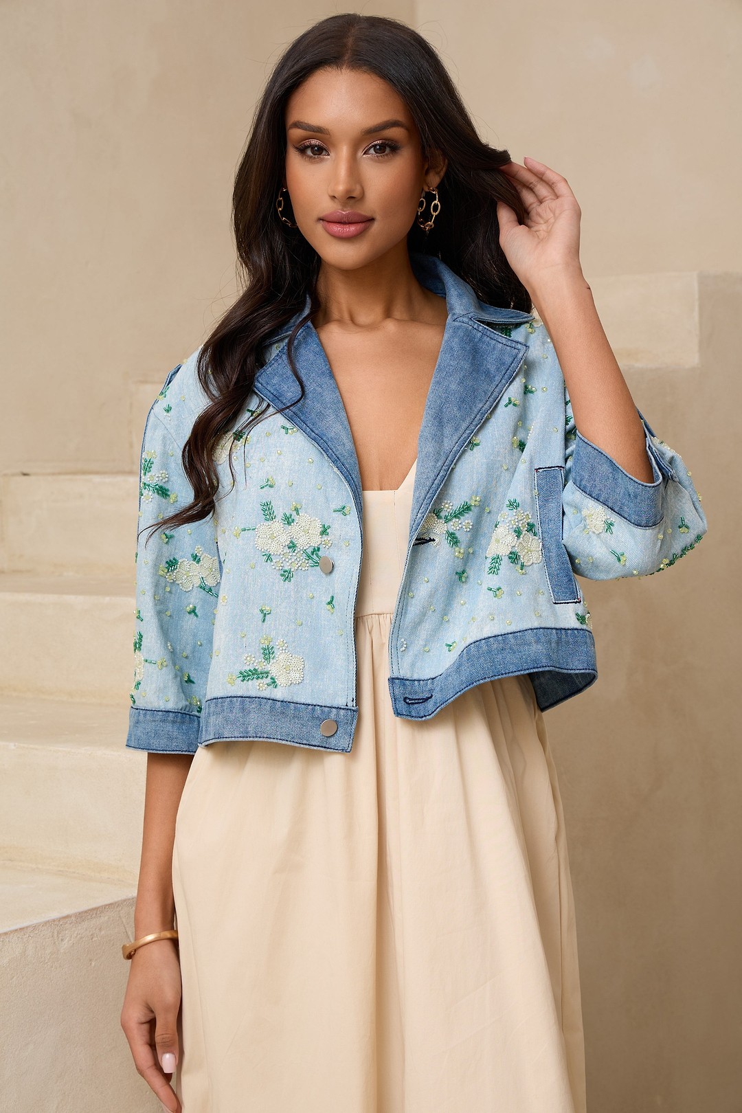 Flower Beaded Short Denim Jack
