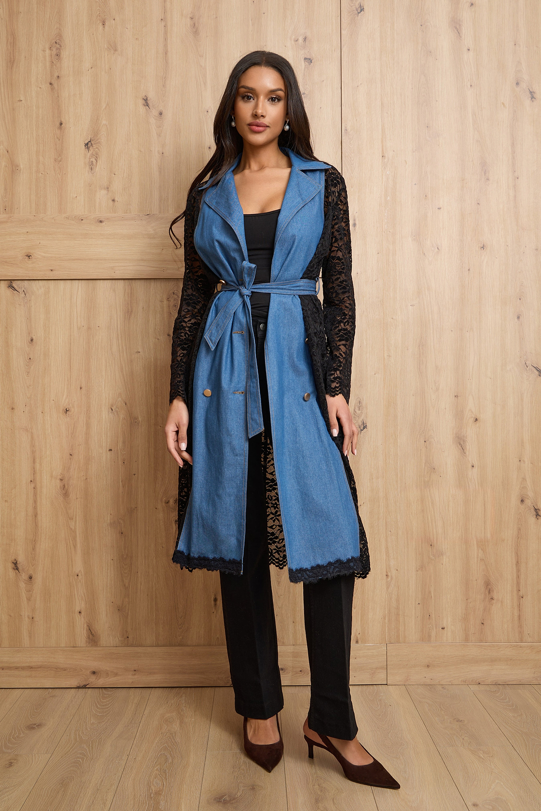 Lace Denim Trench Coat Jacket - Denim