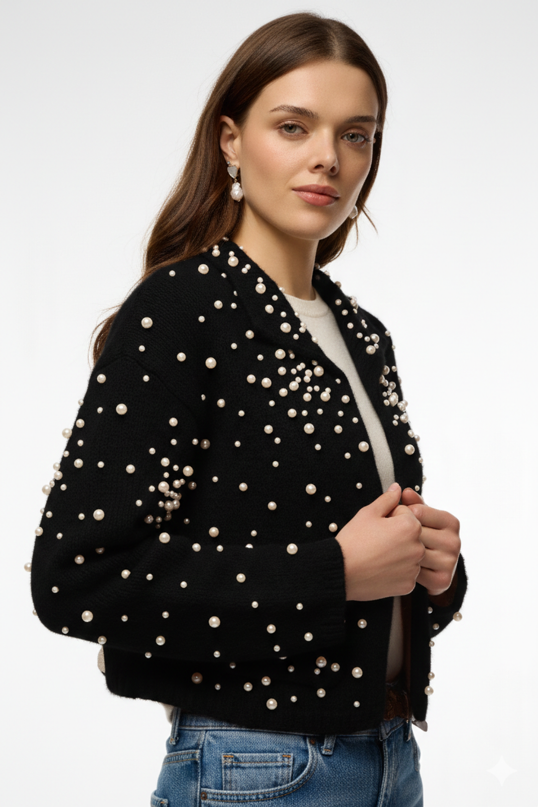 Pearl Collared Open Cardigan - Black