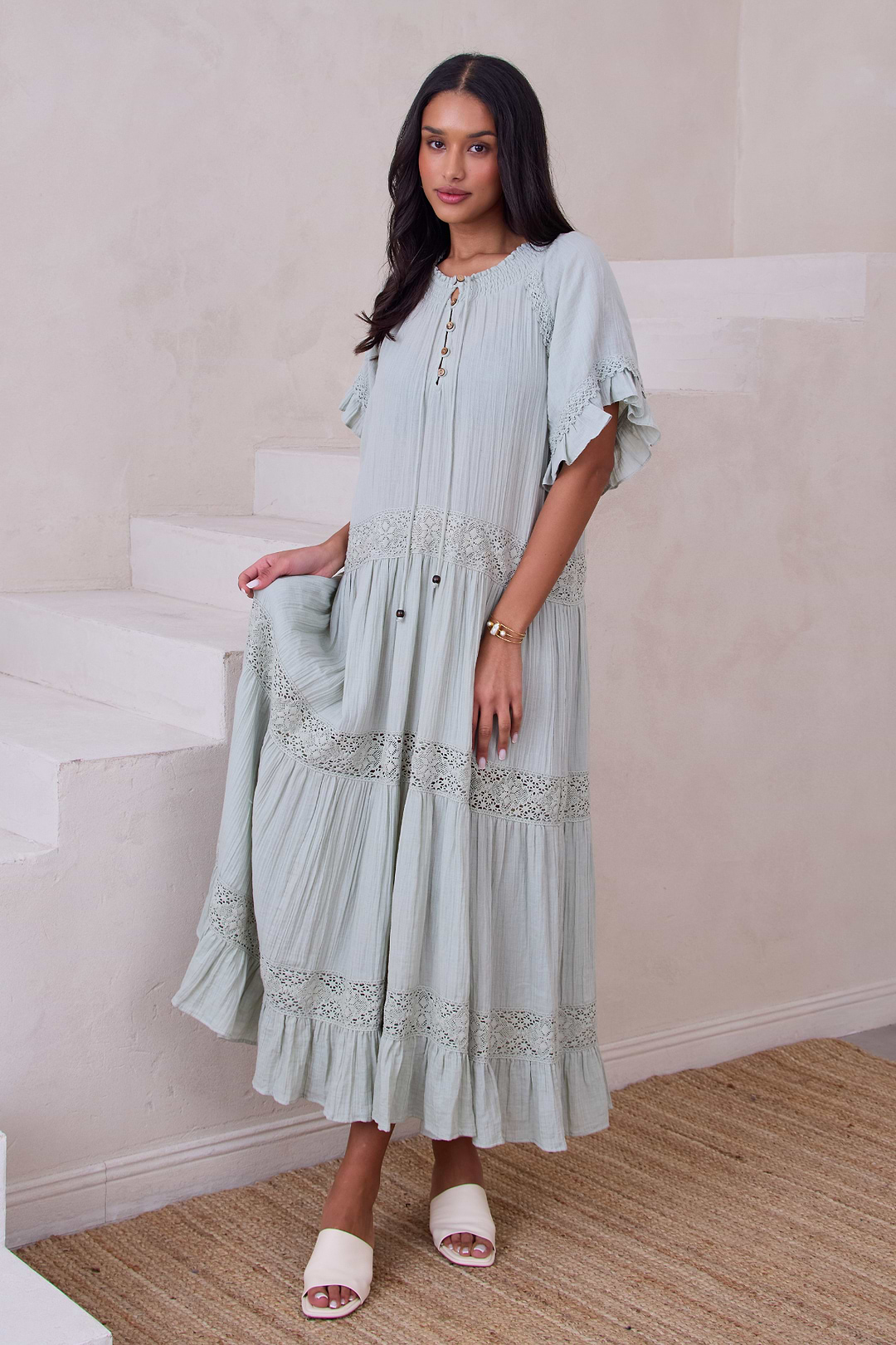 Saachi Women's Tiered Cotton Maxi Dress - Gray - Maxi Dresses Saachi Women's Tiered Cotton Maxi Dress - Gray - Maxi Dresses