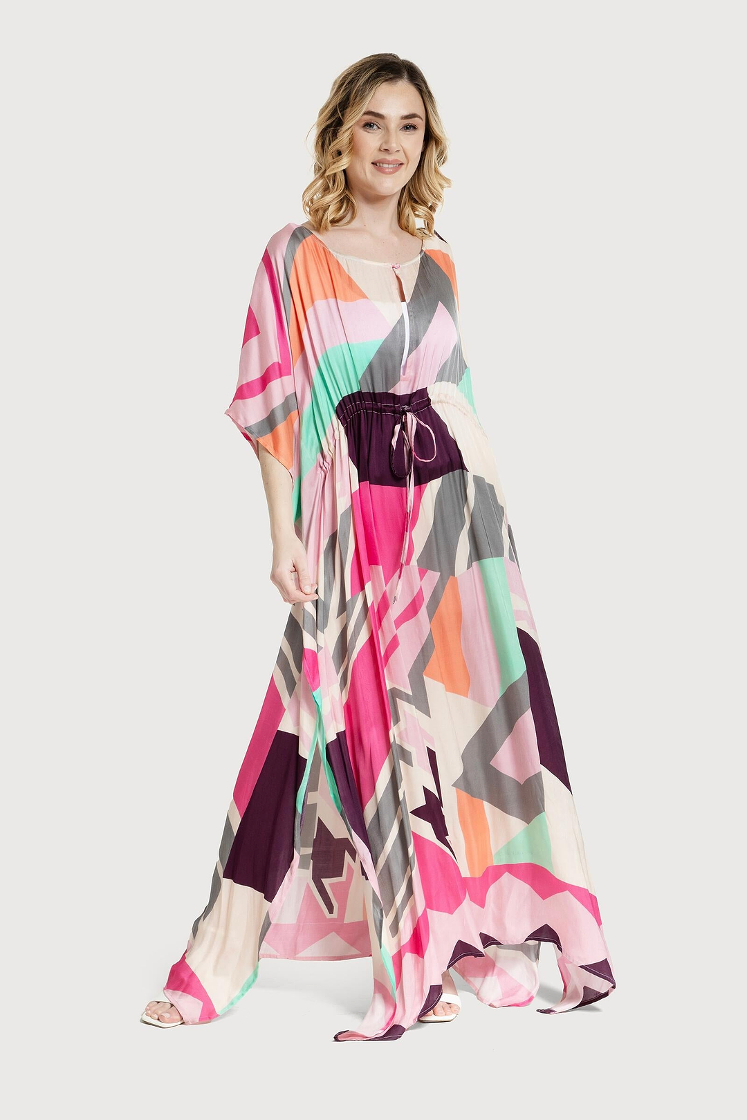 Multicolored Geo Tie Waist Keyhole Kaftan - SAACHI - Pink Combo - Kaftan