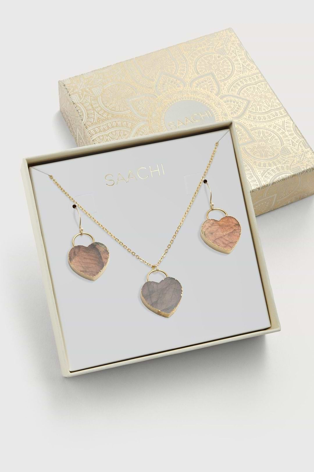 Natural Stone Heart Earrings And Necklace Set Bisque