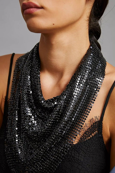 Cowl Neck Chainmail Top Scarf Black