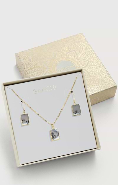 Mini Square Gemstone Earring and Necklace Set White