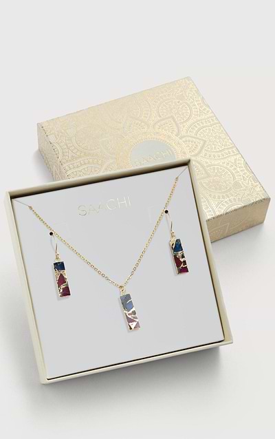 Mojave Mini Rectangle Earring and Necklace Set - SAACHI - Magenta - Spring-Summer