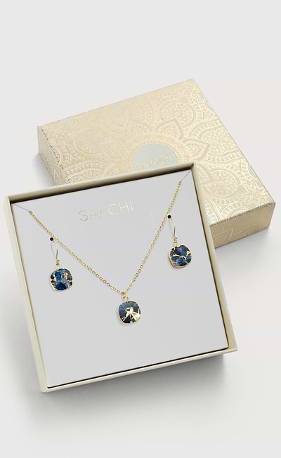 Mojave Mini Cushion Earring and Necklace Set - SAACHI - Blue - Spring-Summer