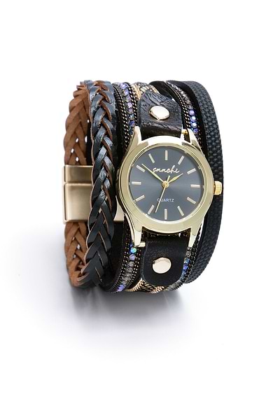 Braided Vegan Leather Bracelet Watch - SAACHI - Black - Bracelet
