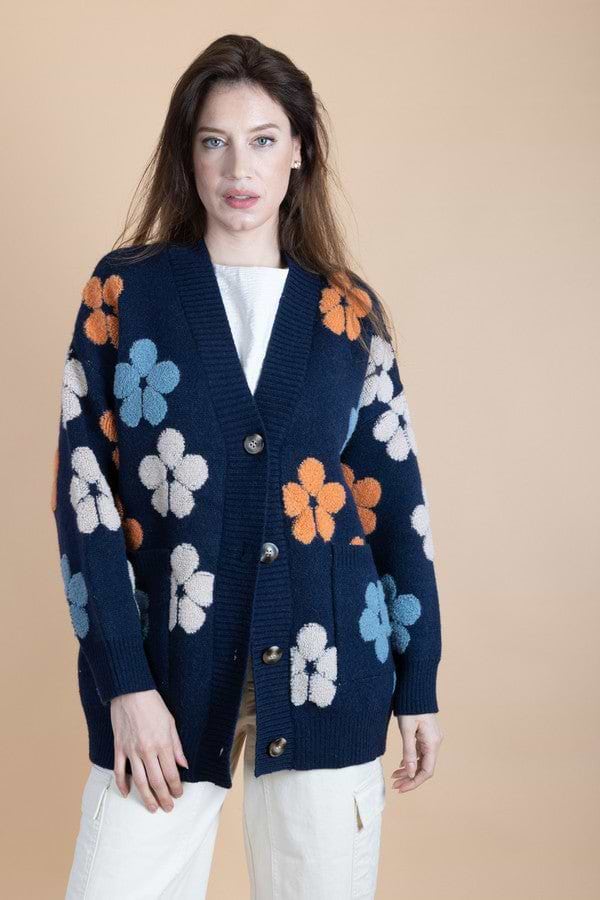 Autumn Floral Knit Cardigan - SAACHI - Navy - Kimono