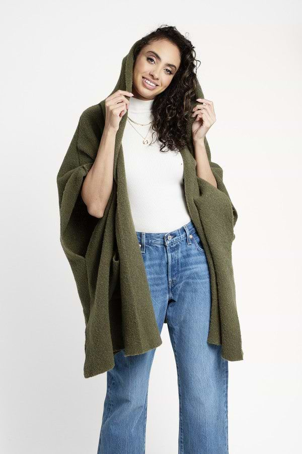 Oversized Hooded Kimono Dark Olive Green