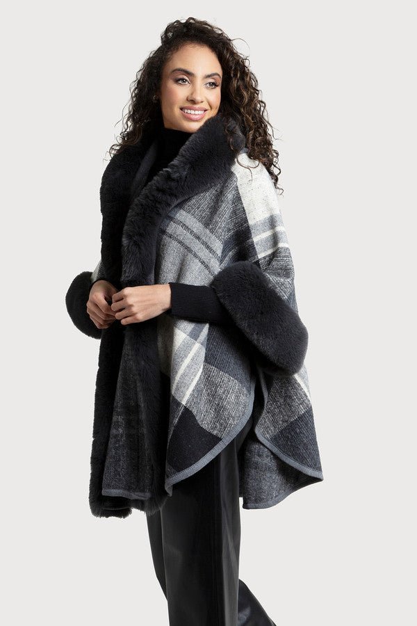 Blair Faux Fur Plaid Kimono Black