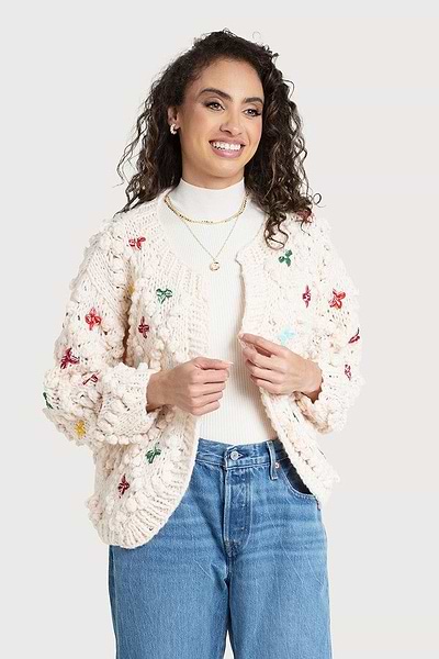 Pom Pom Knitted Cross Cardigan - SAACHI - Ivory - Kimonos