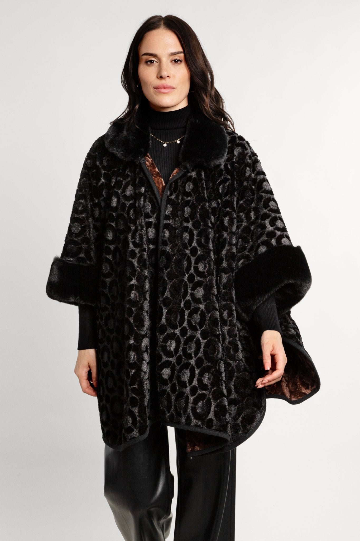 Faux Fur Kimono Velvet Floral Black