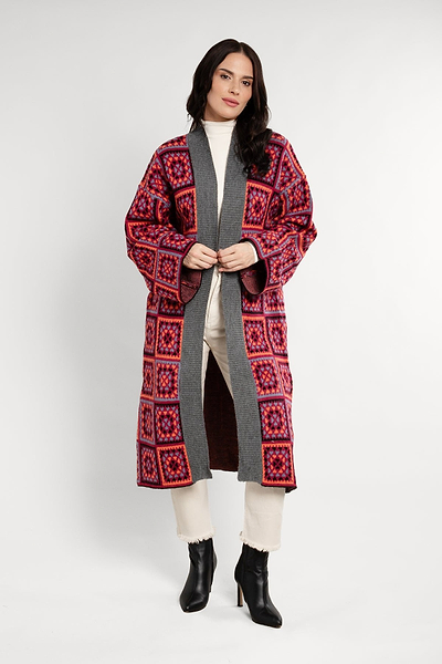 Knitted Square Patch Kimono Indian Red