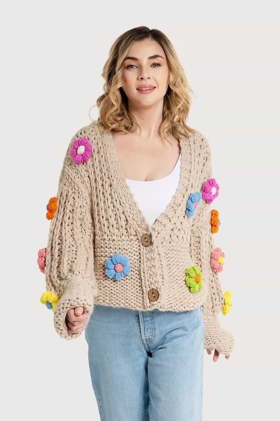 Knitted Floral Appliqué Cardigan With Buttons Blanche Dalmond