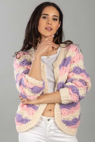 Knitted Pastel Rolling Hills Cardigan - SAACHI - Ivory / One Size — Fits All - Kimono