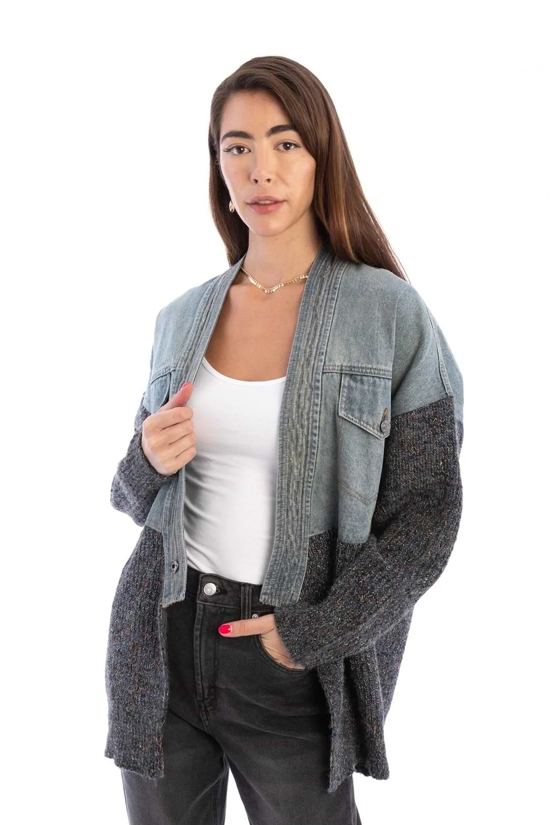 Denim and Grey Combo Jacket - SAACHI - Dim Gray - Jackets