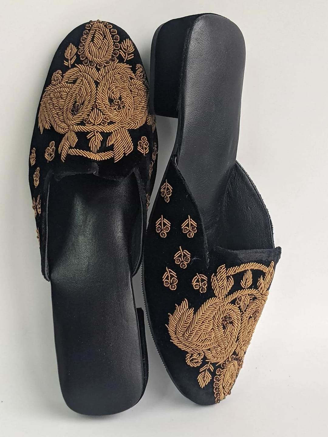 Paisley Embroidered Velvet Mule Black