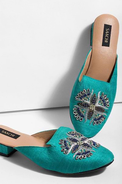 Peacock Embroidered Mule Turquoise