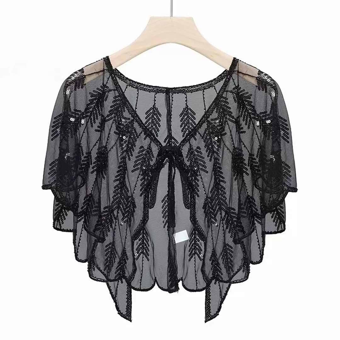 Sequin Detail Scallop Mesh Capelet Black