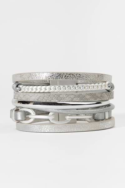Brink Chain Link Leather Bracelet Silver