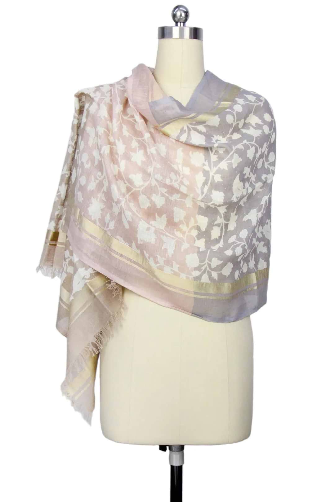 Leaf Embroidered scarf with eyelash fringe Light Gray